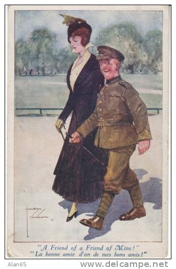 Lawson Wood, 'A Friend Of A Friend Of Mine' Military Man Beautiful Woman Fashion, Artist Signed C1910s Vintage Postcard - Wood, Lawson