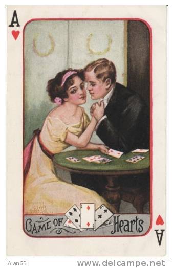 Clark Artist Signed, 'Game Of Hearts' Playing Cards, Romance, C1900s Vintage Postcard - Playing Cards