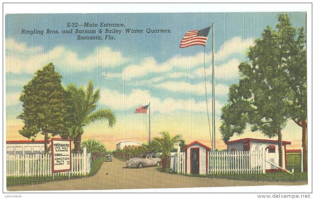 USA, Main Entrance, Ringling Bros. And Barnum & Bailey Winter Quarters, Sarasota, Florida, Used Linen Postcard [11604] - Sarasota