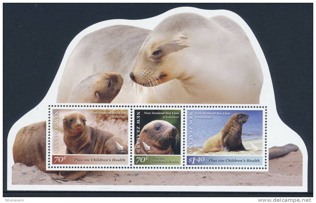 NEW ZEALAND 2012 Sea Lions Set Of 3v & Miniature Sheet (shaped)** - Fauna Antártica