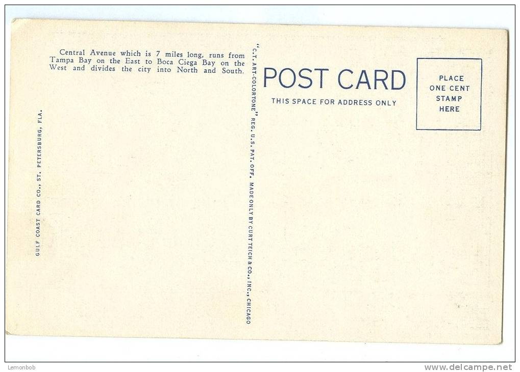 USA, Central Avenue, Looking Towards Tampa Bay, St. Petersburg, Florida, Unused Linen Postcard [11610] - St Petersburg