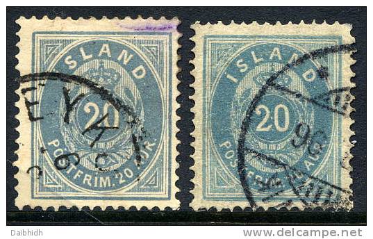 ICELAND 1882-85 20 Aurar Two Shades, Used. Michel 14Aa-b - Used Stamps