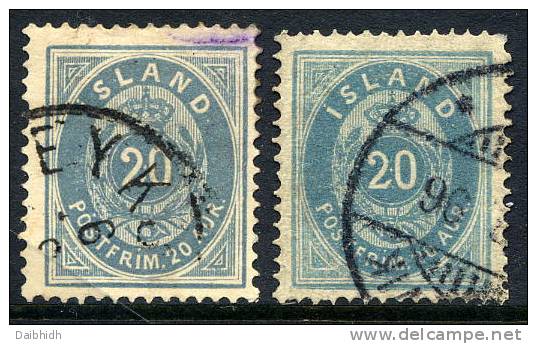 ICELAND 1882-85 20 Aurar Two Shades, Used. Michel 14Aa-b - Gebraucht
