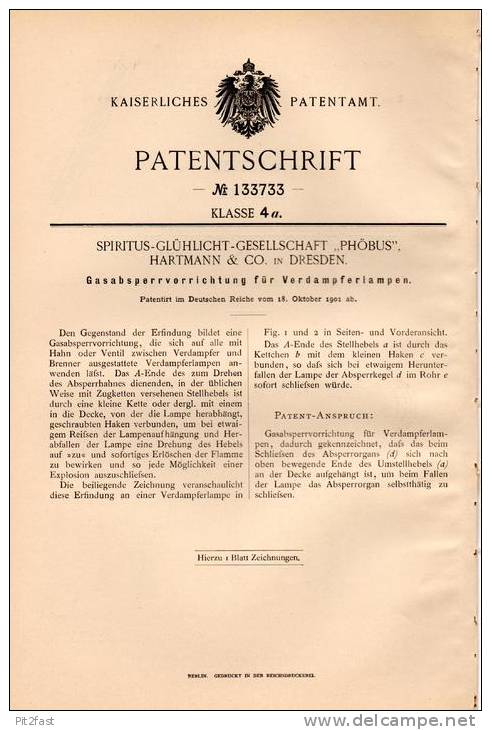 Original Patentschrift - Spiritus-Glühlicht-Ges. " PHÖBUS " In Dresden , 1901 , Verdampferlampen - Absperrer , Lampe !!! - Lámparas Y Arañas