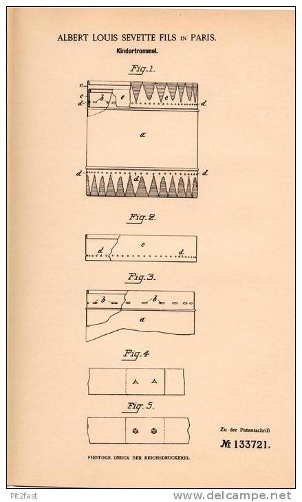 Original Patentschrift - A. Sevette Fils In Paris , 1901 , Trommel Für Kinder , Pauke !!! - Muziekinstrumenten