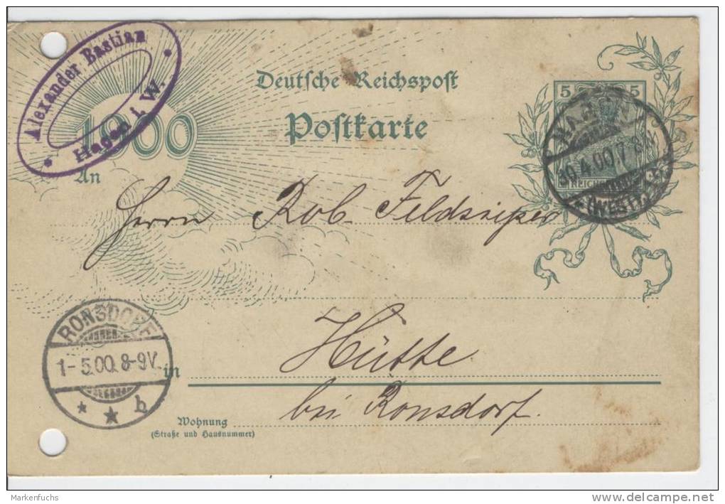 GS Karte  P43  Ace  /  Gestempelt  Hagen - Ronsdorf  30.4.1900 - Lettres & Documents