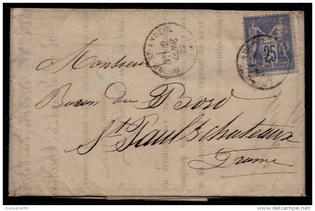 Yvert 78 SUR LETTRE - 1877 BOURG ST ANDEOL (rare ) > ST PAUL 3 CHATEAUX - Vers Le Baron Du Bord ! - 1876-1898 Sage (Type II)