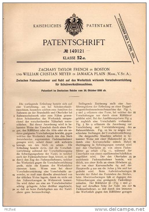 Original Patentschrift - W. Meyer In Jamaica Plain Und Boston , 1900 , Schuhwerk - Nähmaschine , Schuhe , Schuhmacher !! - Tools