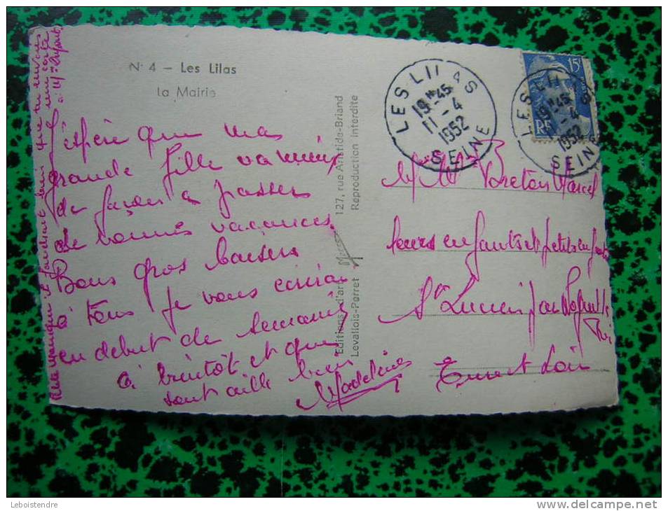 CPMS PHOTO 93 LES LILAS  LA MAIRIE VOYAGEE 1952 Editeur :  MARCO CARTE EN BON ETAT ,VECU D'USAGE - Les Lilas