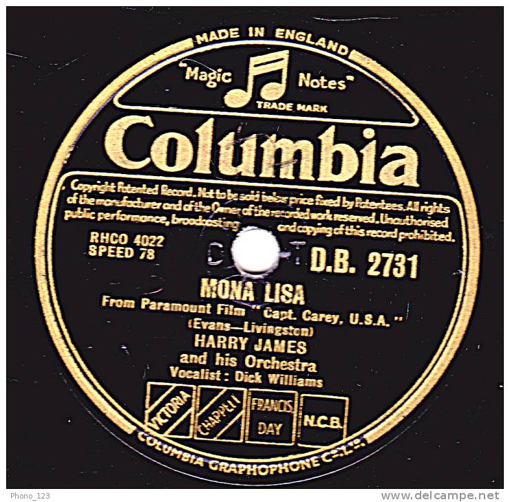 78 Tours - Columbia B.B. 2731 - HARRY JAMES - MONA LISA - STELLA BY STARLIGHT - 78 T - Grammofoonplaten