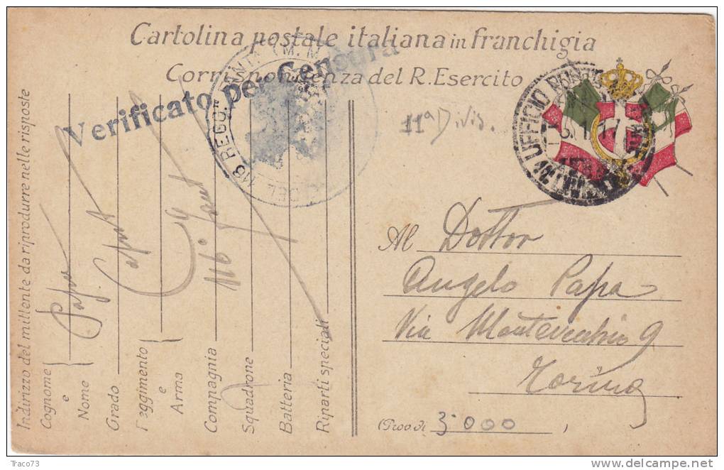 11^ DIVISIONE  - 116° Fanteria (Uff. P.M.)  /  TORINO  -  3.1.1917 _ Cartolina Postale In Franchigia - Censura - Marcophilie
