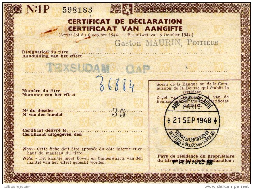 Certificat De Déclaration  D'un Titre TEXSUDAM , 1948 , Ambassade De Belgique - A - C