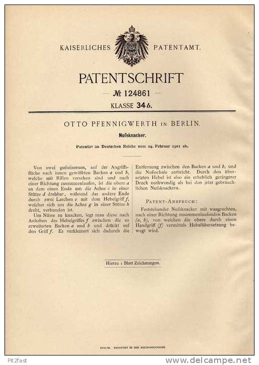 Original Patentschrift - Nußknacker , 1901 , O. Pfennigwerth In Berlin , Nussknacker , Nüsse !!! - Sonstige & Ohne Zuordnung