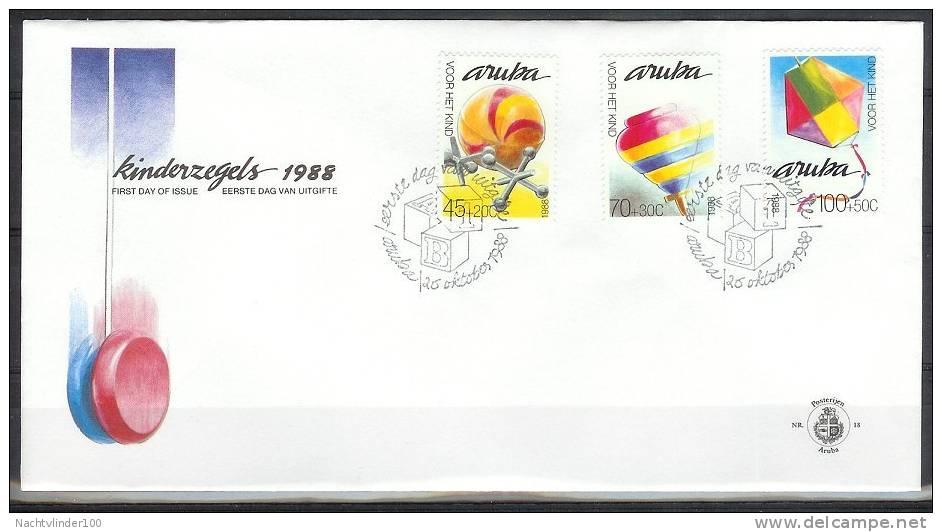 Mzl018fb KINDERZEGELS STAMPS FOR THE CHILDREN FÜR DIE JUGEND SPELLETJES DRAAITOL VLIEGER KITE KITING ARUBA 1988 FDC - Non Classificati