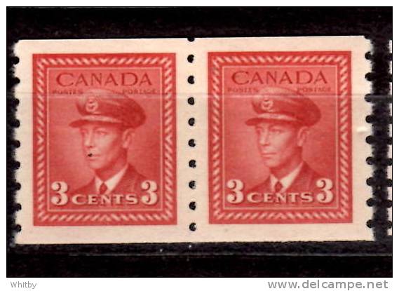 Canada 1942 3 Cent  King George VI War Coil Issue  #265  Pair - Nuevos