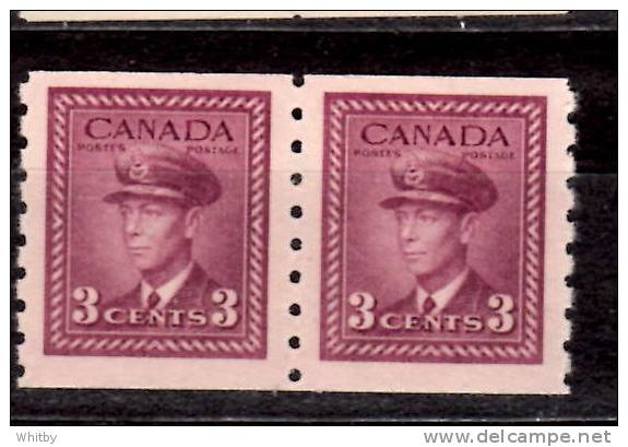 Canada 1943 3 Cent  King George VI War Coil  Issue  #266  Pair - Nuevos