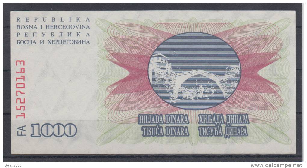 Bosnia And Hercegovina Paper Money Bill 1000 Dinara 1992 UNCIRCULAR ** - Bosnien-Herzegowina