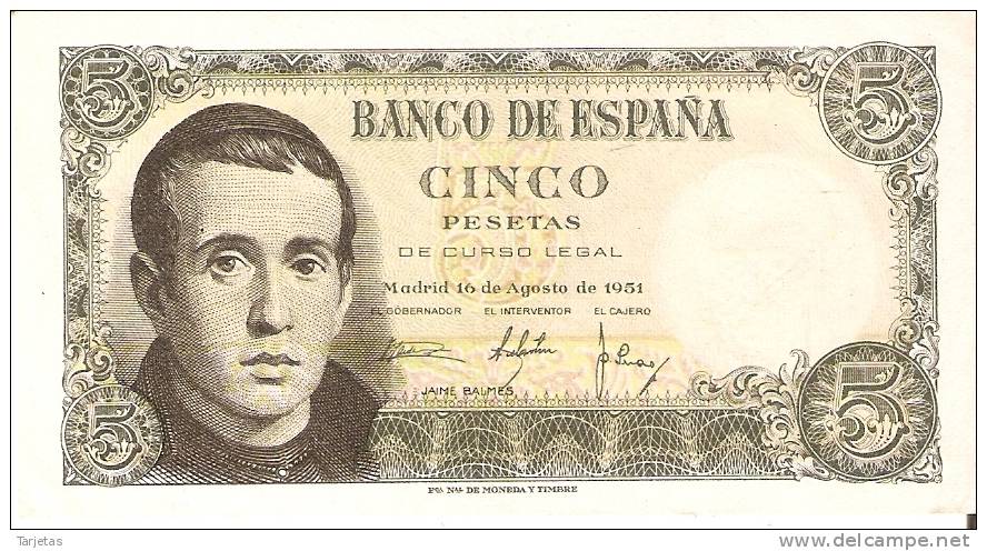 BILLETE DE ESPAÑA DE 5 PTAS DEL 16/08/1951 SERIE Z EN CALIDAD EBC+ (BANKNOTE) - 5 Peseten