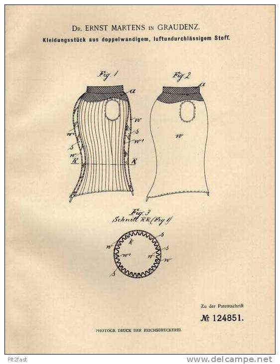 Original Patentschrift - Dr. E. Martens In Graudenz , 1899 , Kleidung Aus Luftdichtem Stoff !!! - Antes De 1900