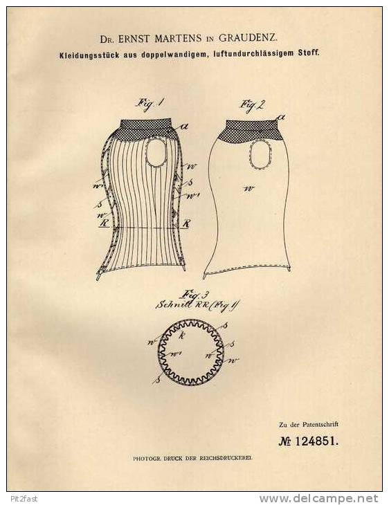 Original Patentschrift - Dr. E. Martens In Graudenz , 1899 , Kleidung Aus Luftdichtem Stoff !!! - Avant 1900