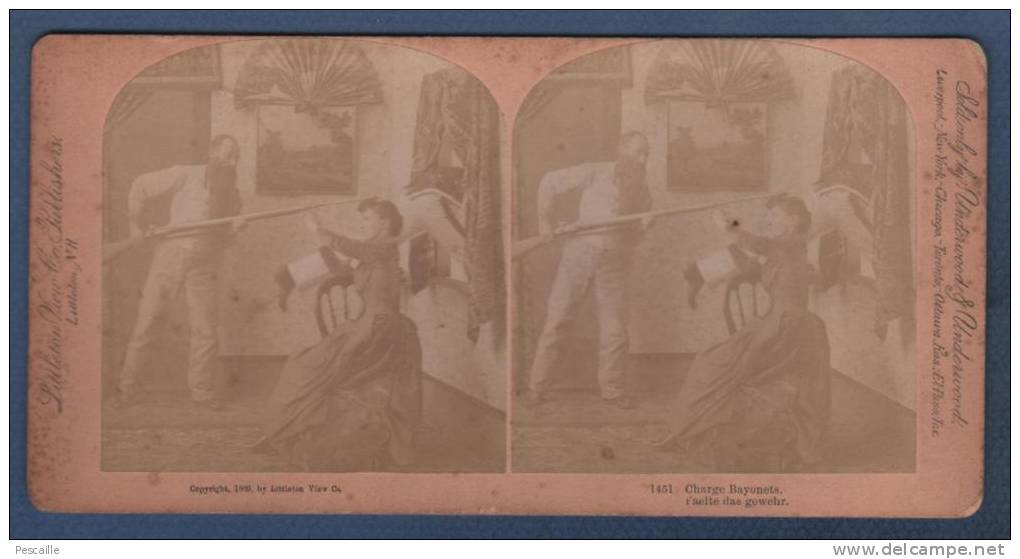 PHOTOGRAPH STEREOSCOPIC CHARGE BAYONETS / FAELTE DAS GEWEHR - COPYRIGHY 1889 BY LITTLETON VIEW Co PUBLISHERS N.H. N°1451 - Photos Stéréoscopiques