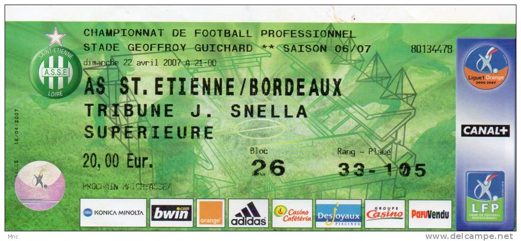 Billet Du Match ASSE/BORDEAUX 22 Avril 2007 - Habillement, Souvenirs & Autres