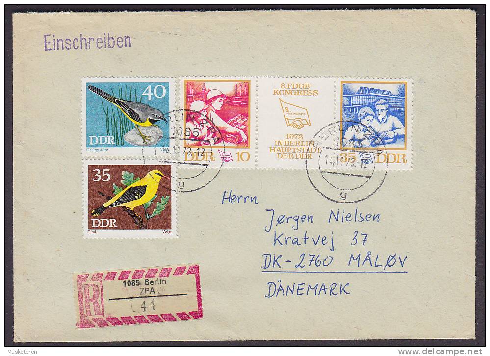 ## Deutschland DDR Einschreiben Registered BERLIN ZPA 1973 Cover Brief FDGB Dreierstreife Birds Vögel - Brieven En Documenten