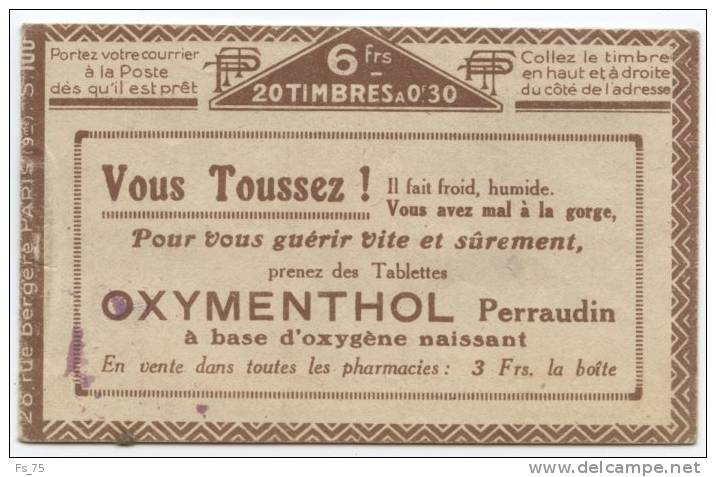 FRANCE CARNET N°192 30C BLEU SEMEUSE CAMEE - SURCHARGE ALGERIE - C2 - SERIE 100.D - Andere & Zonder Classificatie