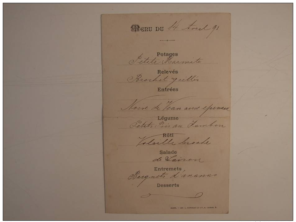 MENU DU 14 AVRIL 1893. GRAND HOTEL DES ÉTRANGERS . ALGER. - Menu