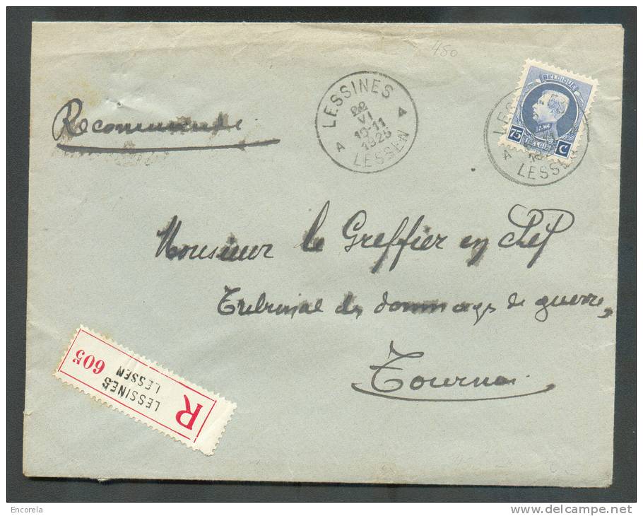 75 Centimes Petit Montenez Obl. Sc LESSINES - LESSEN S/L. Recommandée Du 22-VI-1925 Vers Tournai.  TB  - 8129 - 1921-1925 Small Montenez