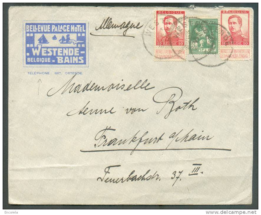 Lettre Illustrée (BELLEVUE PALACE HOTEL - WESTENDE - BAINS) Affranchissement Pellens à 25 Centimes Obl. Sc WESTENDE Vers - 1912 Pellens