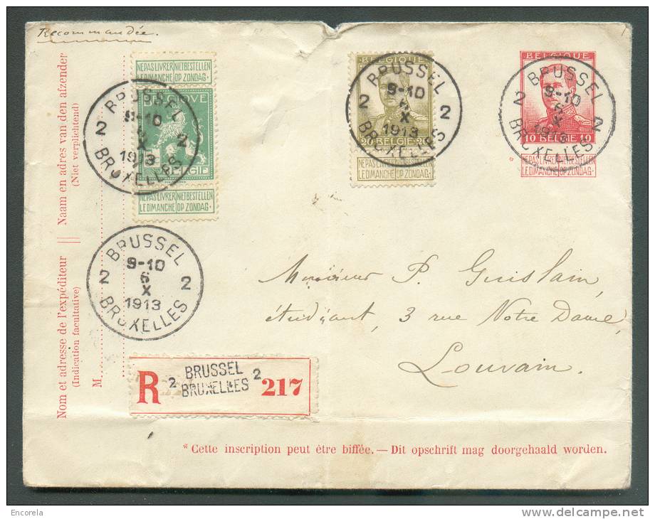 EP Enveloppe Pellens Avec Affranchissement Complémentaire Obl. Sc BRUXELLES 2 En Recommandé Le 6-X-1913 Vers Louvain - 8 - Letter Covers