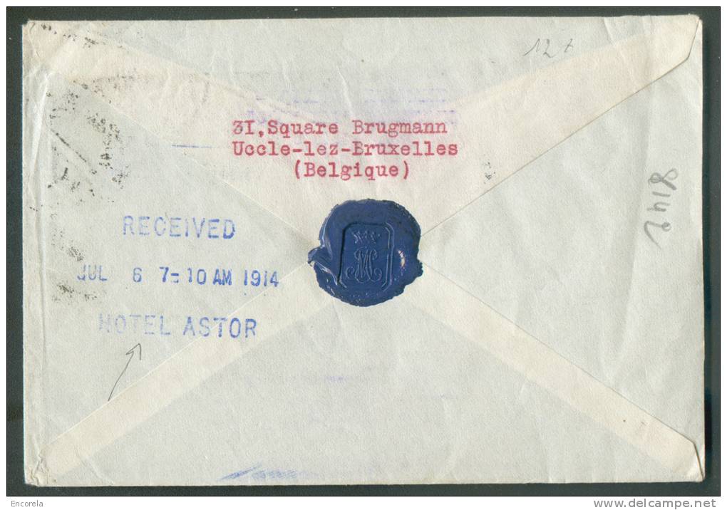 25 Centimes Pellens Obl. Sc UCCLE - UKKEL S/L. Du 26-VI-1914 Vers New York - Verso Griffe Bleue RECEIVED JUL. 6 - 1914 H - 1912 Pellens