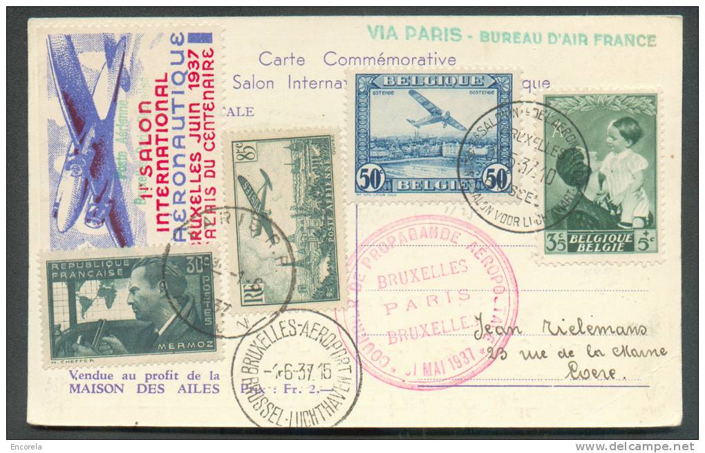 Affr. Mixte Belgique-France S/C.P. (1er Salon Aéronautique Bruxelles Juin 1937) Obl. Sc BRUXELLES-AEROPORT Du 1-6-1937 V - Cartas & Documentos