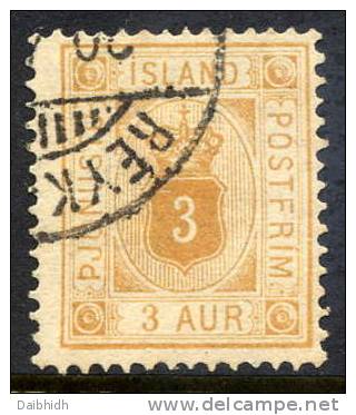 ICELAND 1882 Official 3 Aurar Perforated 14 X 13½ Used.  Michel 3A - Service