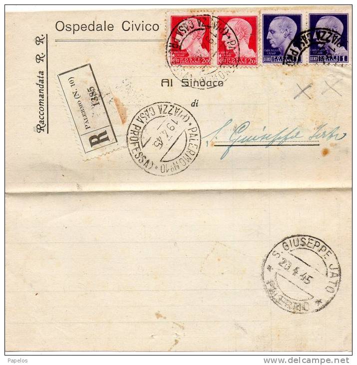 1945 LETTERA  RACCOMANDATA CON ANNULLO PALERMO SUCC. 10  +  S. GIUSEPPE JATO - Marcophilia