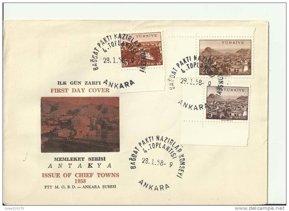 TURKEY 1958 - FDC NATIONAL SERIES TREATY COUNCIL OF CHIEF TOWNS    W 3 STS  OF 5(2-AFYON)-5(ADANA) K  JAN 28  RE.TUL106 - Cartas & Documentos