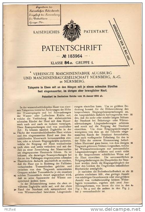 Original Patentschrift - Talsperre Aus Eisen , Stausee , 1904 , Maschinenfabrik In Augsburg Und Nürnberg , Staudamm  !!! - Architektur