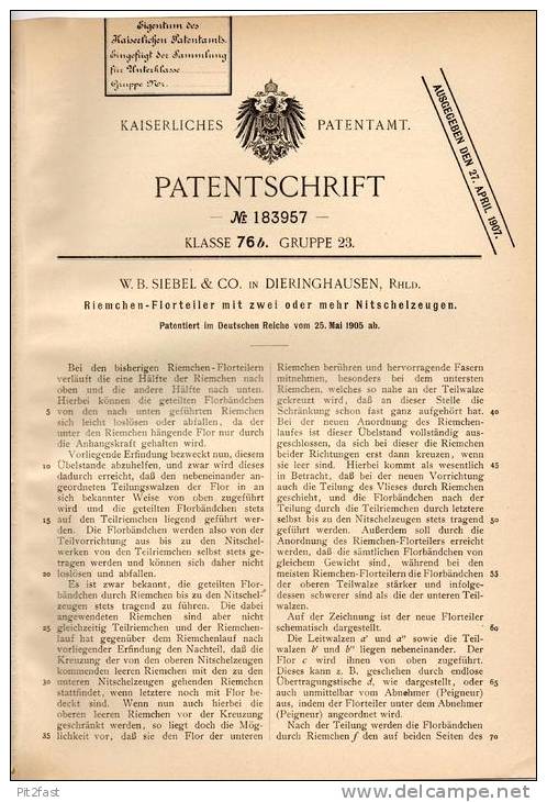 Original Patentschrift - W.B. Siebel & Co In Dieringhausen , Rhld., 1905 , Riemchen - Florteiler Mit Nitschelzeugen !!! - Historische Dokumente