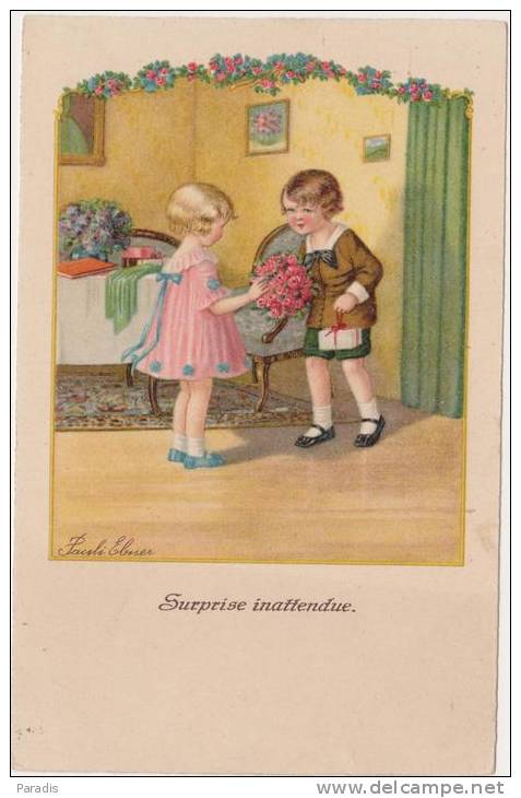 CPA  Pauli Ebner   "surprise Inattendue"enfants Petite Fille Robe Rose ,fleurs , Cadeau , Livre - Ebner, Pauli