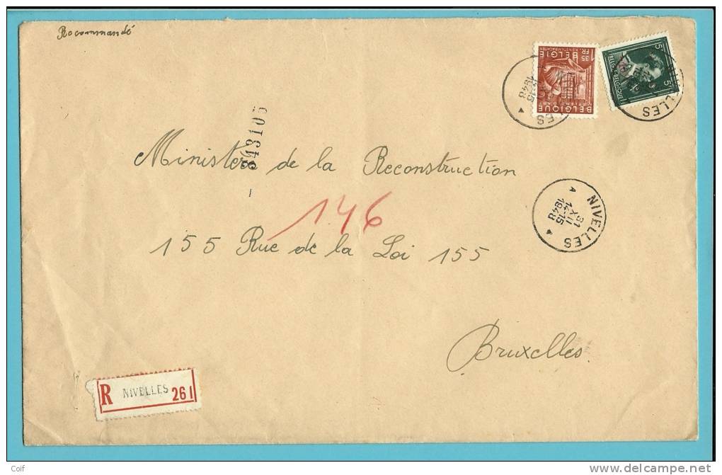 724T+762 Op Aangetekende Brief Met Stempel NIVELLES  (VK) - 1946 -10%