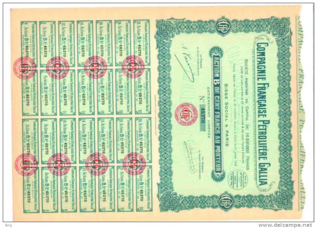 Compagnie Francaise Petrolifere GALLIA - Action De 100 Francs 21 Juillet 1926 - Aardolie