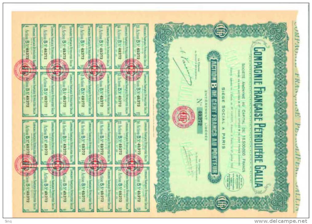 Compagnie Francaise Petrolifere GALLIA - Action De 100 Francs 21 Juillet 1926 - Pétrole