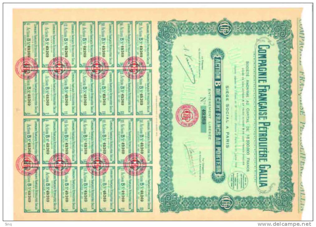 Compagnie Francaise Petrolifere GALLIA - Action De 100 Francs 21 Juillet 1926 - Aardolie