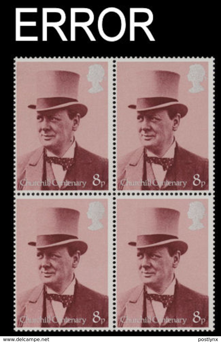 GREAT BRITAIN 1974 Prime Minister Sir Winston Churchill 8p 4-BLOCK ERROR:very Thick Pp - Variétés, Erreurs & Curiosités