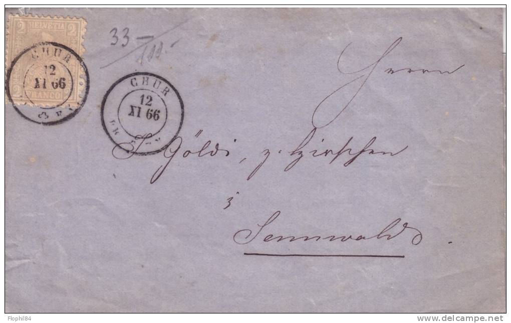 SUISSE - 2c  SEUL SUR LETTRE OBLITERATION CHUR 12 OCTOBRE 1866. - Poststempel