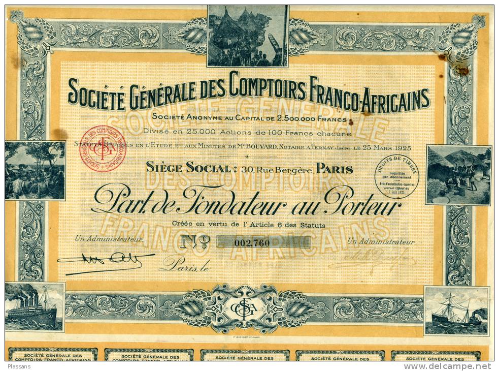 Société Générale Des Comptoirs Franco-Africains. Action Au Porteur 1925. Afrique .Stock Certificate - Afrique
