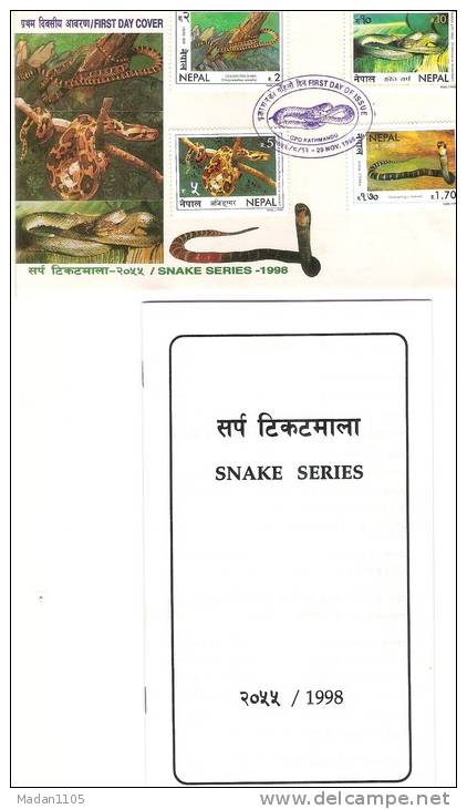 NEPAL 1998   Snakes   4 Stamps, Complete  Set , First Day Cover,plus Official Brochure. - Snakes