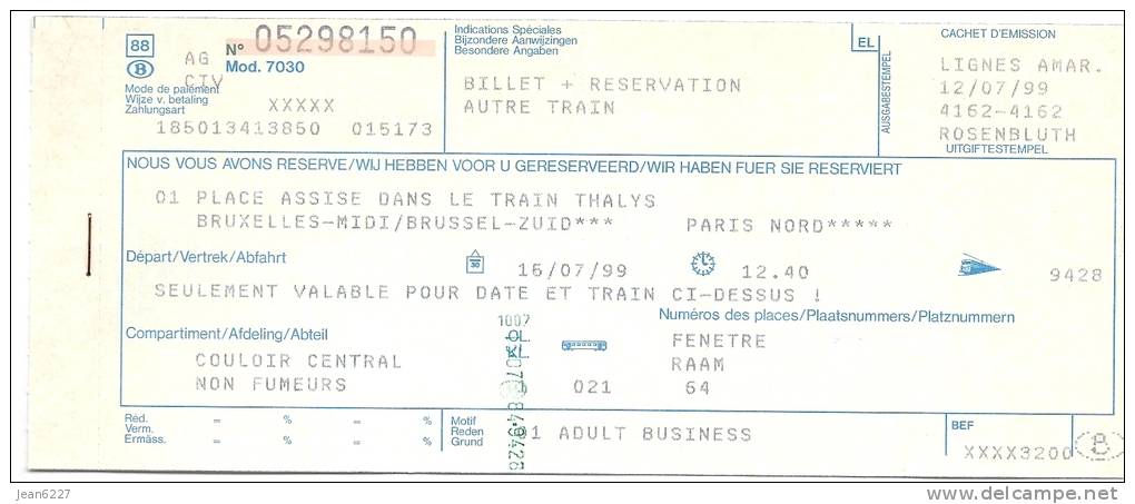 Ticket De Train SNCF Paris-Bruxelles Et Ticket SNCB Bruxelles - Paris (Thalys) - 15-7 Et 16-7-1999 - Europa