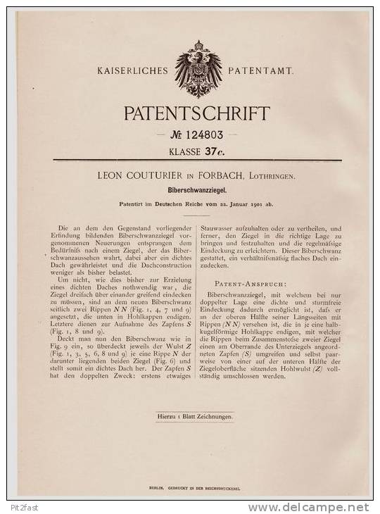 Original Patentschrift - Leon Couturier In Forbach / Moselle , 1901 , Queue De Castor - Briques, Tuiles , Toiture !!! - Architecture